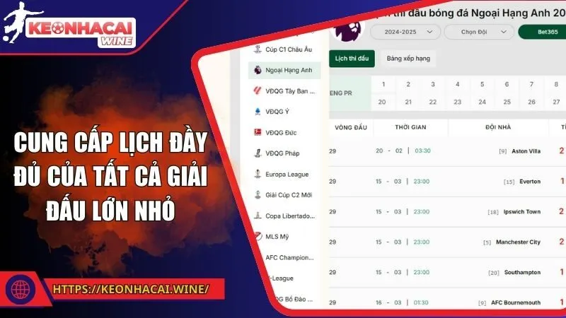 Cung cấp lịch đầy đủ của tất cả giải đấu lớn nhỏ